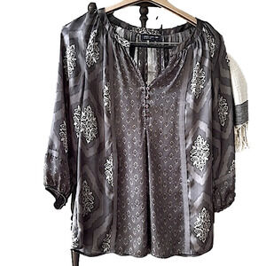 Blouse Mixed Media Pattern Top Tunic Peasant 3/4 Sleeves Cool Gray Hue Medium